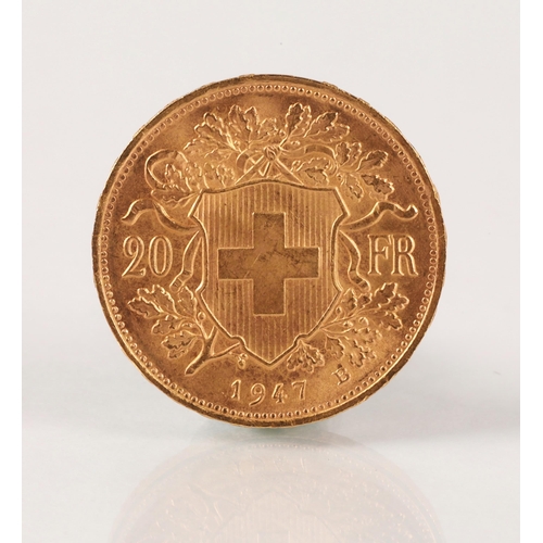 85 - Swiss Helvetia 20 Francs gold coin 1947, weight 6.4 grams