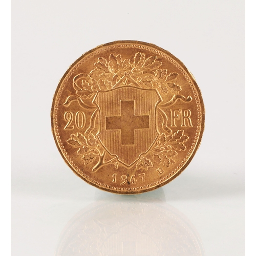 91 - Swiss Helvetia 20 Francs gold coin 1947, weight 6.4 grams