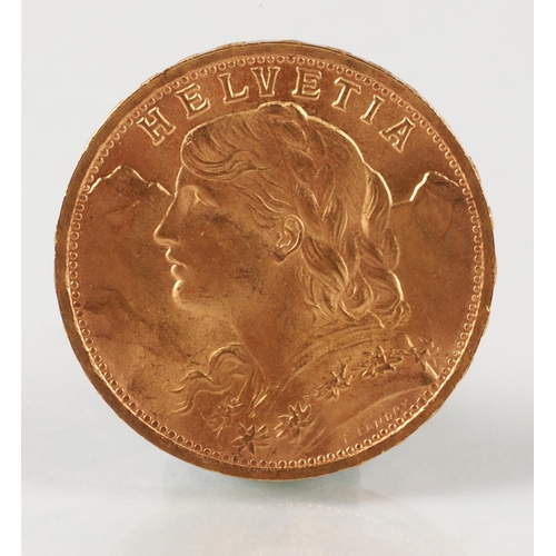 91 - Swiss Helvetia 20 Francs gold coin 1947, weight 6.4 grams