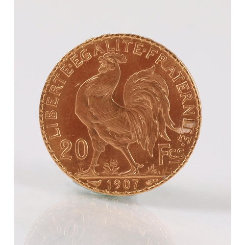 100 - French Republique 20 franc gold coin 1907, weight 6.4 grams