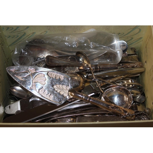 Box containing silver plated flatware to include fish slice, bead knife ...