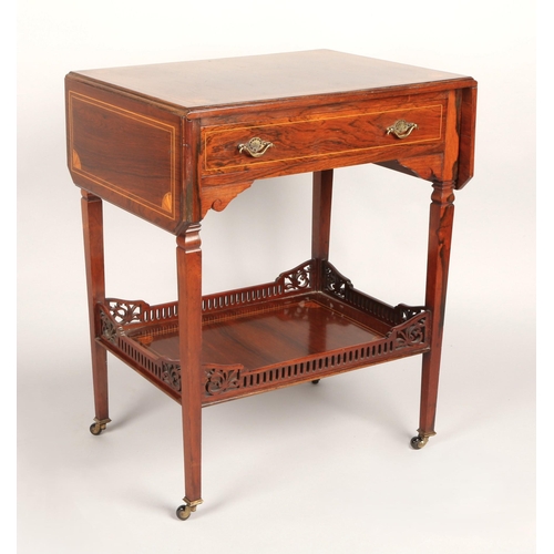 357 - Rosewood inlaid drop leaf side table with fitted drawer and under tier, supported on four legs on fo... 