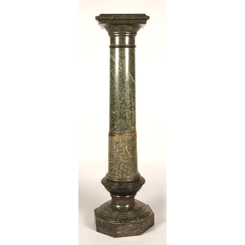 359 - Green marble jardiniere stand, square top on a tapered column supported on an octagonal base, 110cm ... 