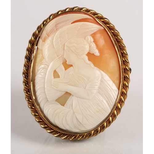 33 - Victorian unmarked gold mounted carved shell cameo brooch, depicting Hebe, the Greek goddess of yout... 