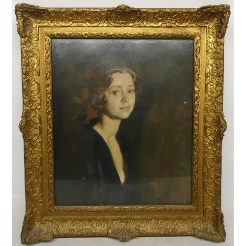 320 - Wilfred Gabriel de Glehn RA (British, 1870 - 1951)Portrait of Louise, c. 1919, half-length in a blue... 
