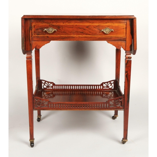 357 - Rosewood inlaid drop leaf side table with fitted drawer and under tier, supported on four legs on fo... 