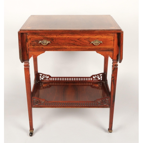 357 - Rosewood inlaid drop leaf side table with fitted drawer and under tier, supported on four legs on fo... 