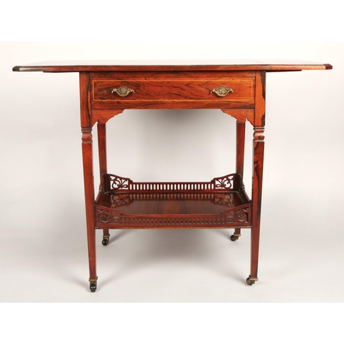 357 - Rosewood inlaid drop leaf side table with fitted drawer and under tier, supported on four legs on fo... 