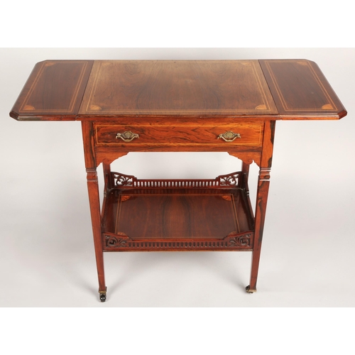 357 - Rosewood inlaid drop leaf side table with fitted drawer and under tier, supported on four legs on fo... 