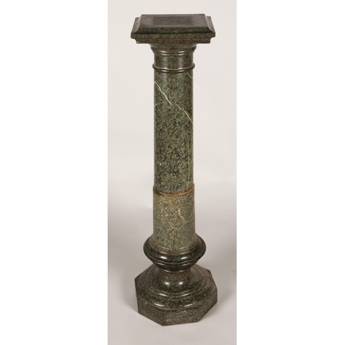 359 - Green marble jardiniere stand, square top on a tapered column supported on an octagonal base, 110cm ... 