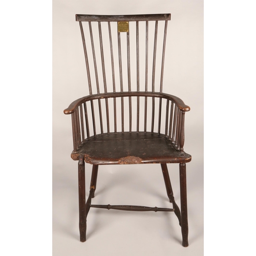 360 - Robert Burns Interest 18th century Windsor chair, with brass plaque' This chair was occupied by brot... 