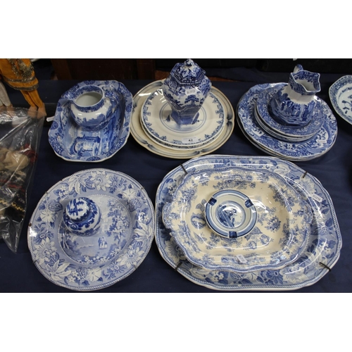 Collection of blue and white china including spode dishes, ashet etc.