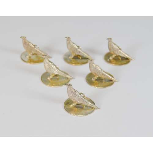 19 - Set of six silver menu holders modelled as pheasants, by Charles Clement Pilling, London, 2cm high, ... 
