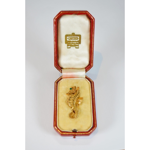 67 - Cartier gold seahorse brooch, '18k', set with emerald eye, assayed 1959, ref no. K9840, 4.3cm x 1.9c... 