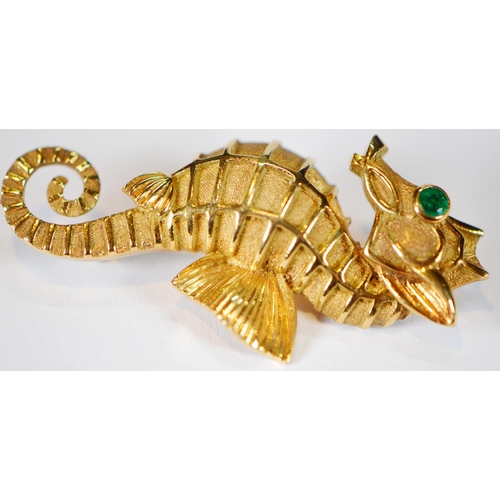 67 - Cartier gold seahorse brooch, '18k', set with emerald eye, assayed 1959, ref no. K9840, 4.3cm x 1.9c... 