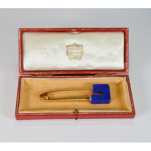72 - Cartier 18ct gold safety pin set with lapis lazuli and diamond bands, collet-set, '750' signed, ref.... 