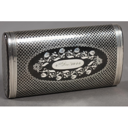 51 - Silver decorated ebonised snuff box, dated 4th Dec 1844.