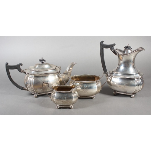 61 - Geo V silver four piece tea service raised on ball feet, Fenton, Russell & Co Ltd, London, 1913,... 