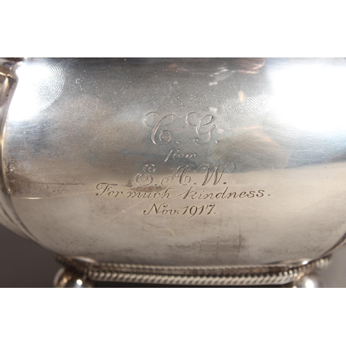 61 - Geo V silver four piece tea service raised on ball feet, Fenton, Russell & Co Ltd, London, 1913,... 