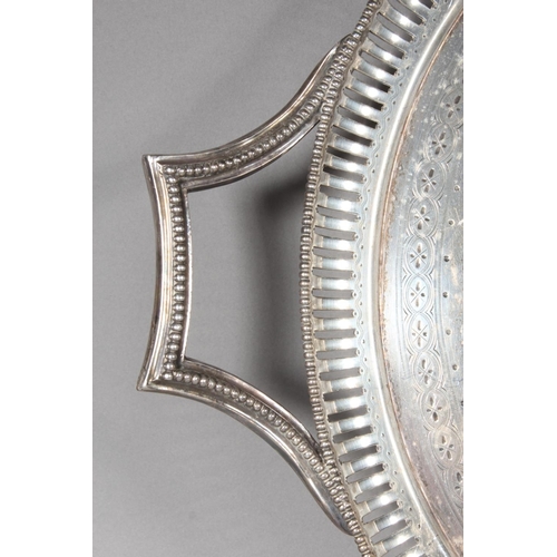 63 - Victorian silver twin handled tray of oval form, the tray with beadwork edge and pierced border and ... 