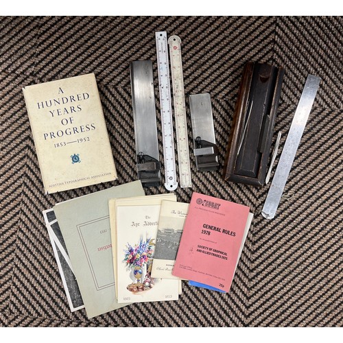 Steel rulers, measuring gauges, books, pamphlets etc., some ...