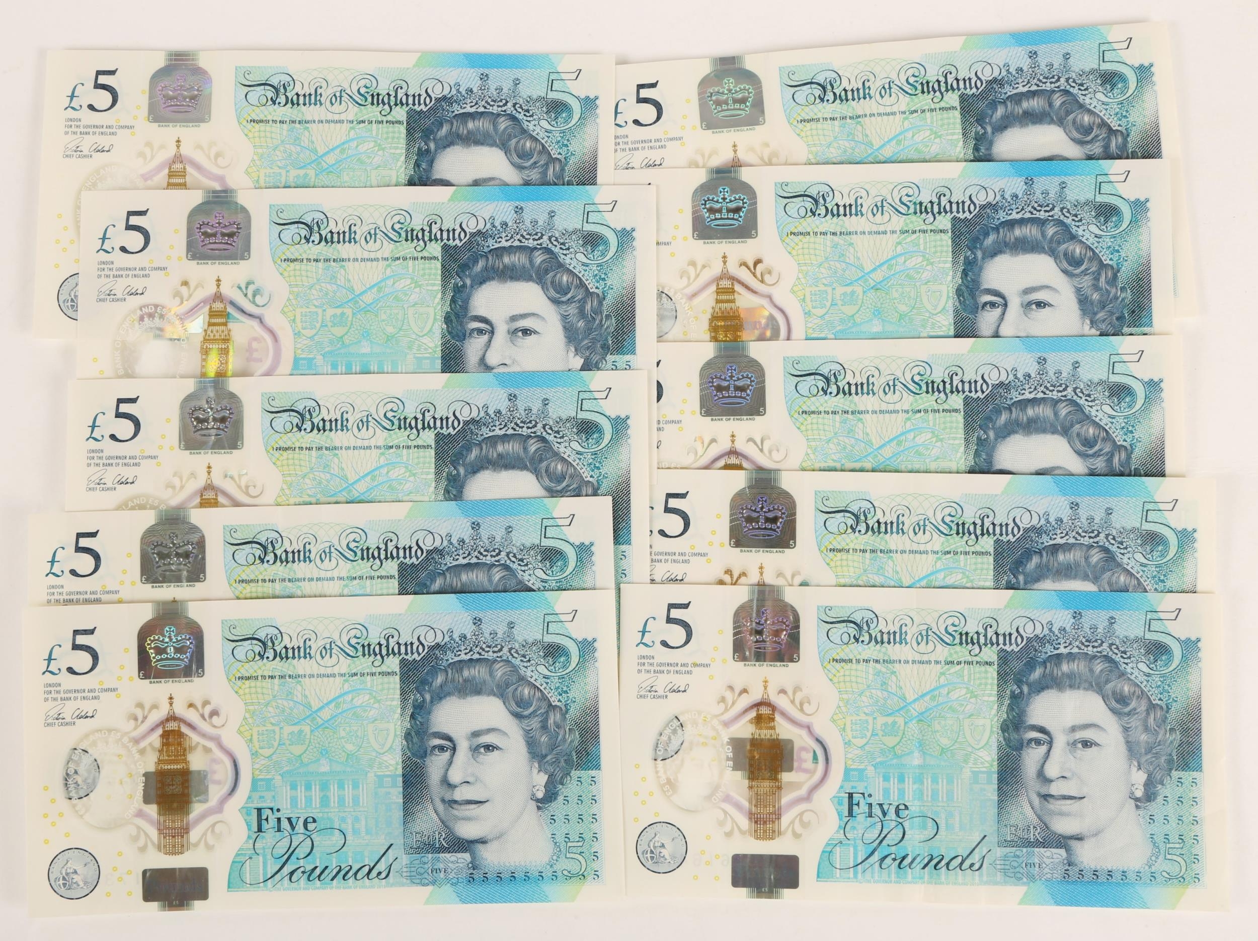 Ten Bank of England £5 notes