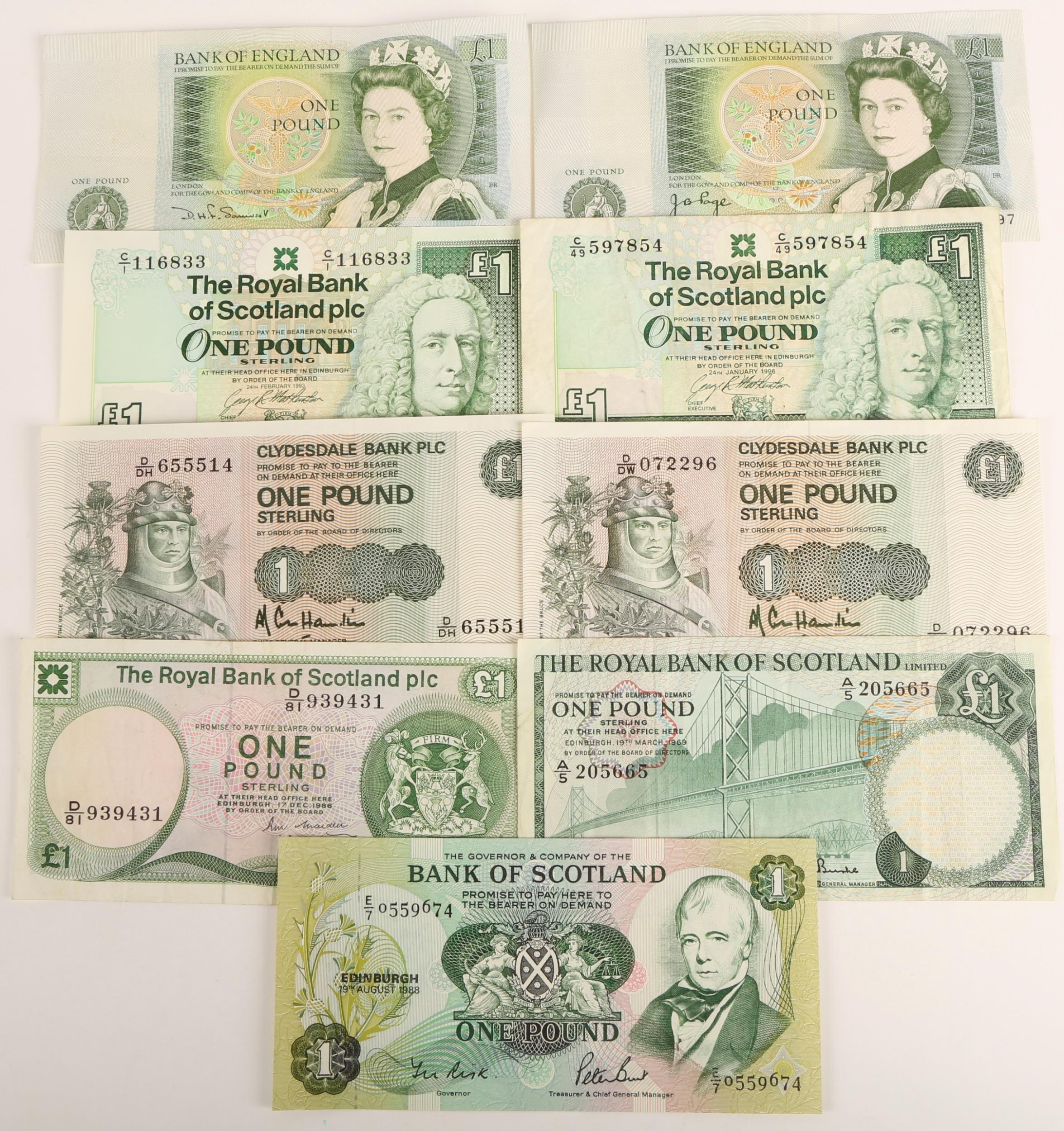 Nine one pound notes to include two Bank of England, one Bank of ...