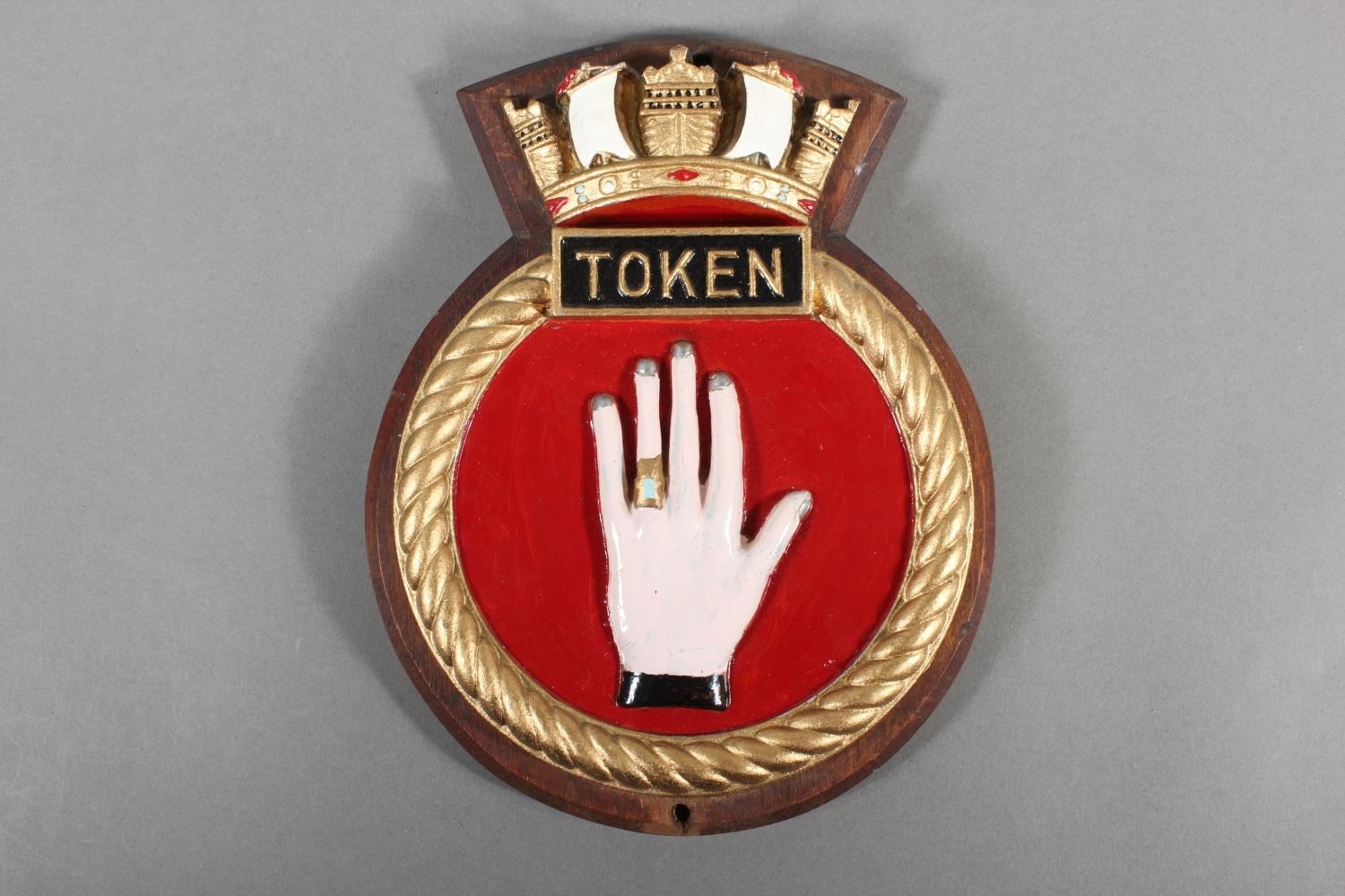 HMS Token cold painted cast metal submarine crest badge mounted on ...