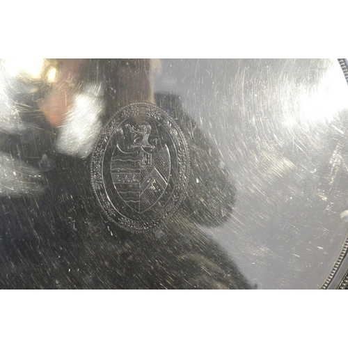 48 - Good George III silver circular tray with moulded beaded edge, on similar cast feet, crested, by Cro... 