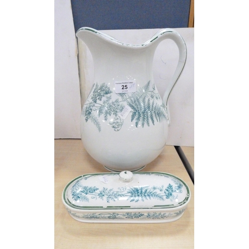 25 - Victorian-style pottery toilet jug, near-matching soap dish, another ceramic toilet jug and bowl, al... 