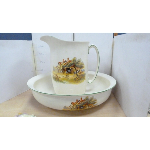 25 - Victorian-style pottery toilet jug, near-matching soap dish, another ceramic toilet jug and bowl, al... 