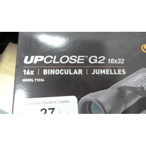 27 - Pair of small Celestron 16x32 binoculars, boxed, and a pair of Halina 8x30 binoculars with outer bag... 