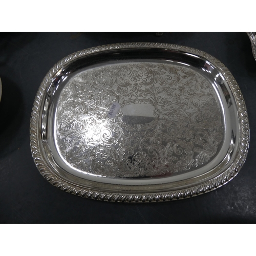 55 - Small group of plated wares to include trays, teapot and a bowl.