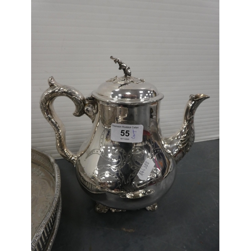 55 - Small group of plated wares to include trays, teapot and a bowl.
