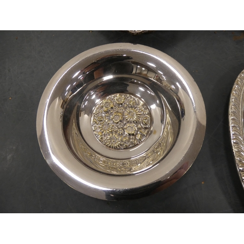 55 - Small group of plated wares to include trays, teapot and a bowl.