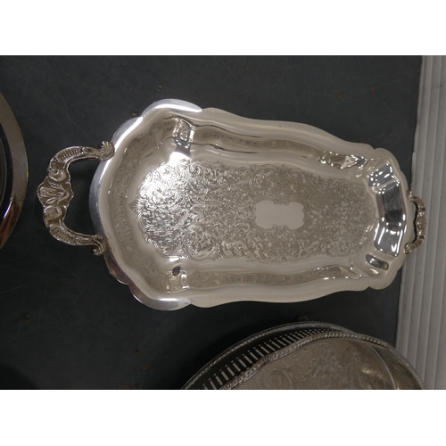 55 - Small group of plated wares to include trays, teapot and a bowl.