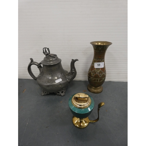 58 - Two plated table pheasants, EP trays, Indian-themed brass vase, brass teapot and a table lighter.