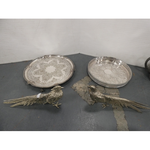 58 - Two plated table pheasants, EP trays, Indian-themed brass vase, brass teapot and a table lighter.