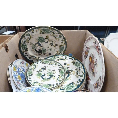 9 - Two cartons containing various Mason's ceramics to include 'Regency' pattern examples, dinner and te... 