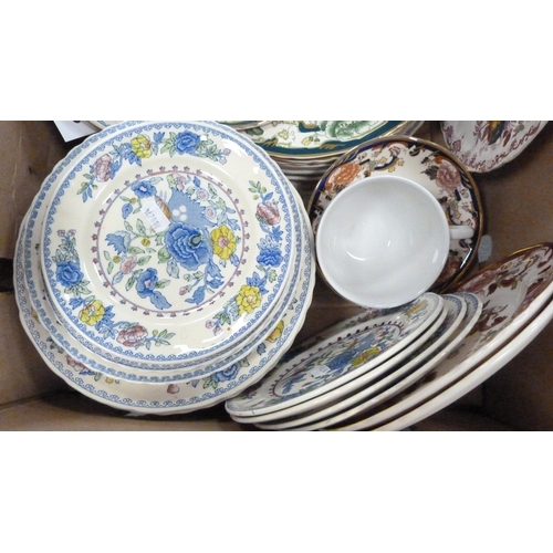 9 - Two cartons containing various Mason's ceramics to include 'Regency' pattern examples, dinner and te... 