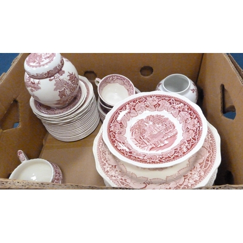 9 - Two cartons containing various Mason's ceramics to include 'Regency' pattern examples, dinner and te... 