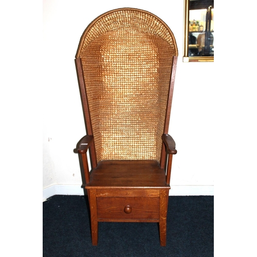 371 - Oak Orkney chair with hooded back or 'Heided stool' with single base drawer.