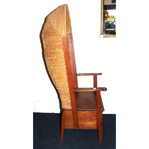 371 - Oak Orkney chair with hooded back or 'Heided stool' with single base drawer.