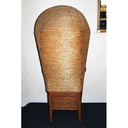 371 - Oak Orkney chair with hooded back or 'Heided stool' with single base drawer.