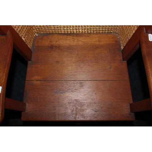 371 - Oak Orkney chair with hooded back or 'Heided stool' with single base drawer.