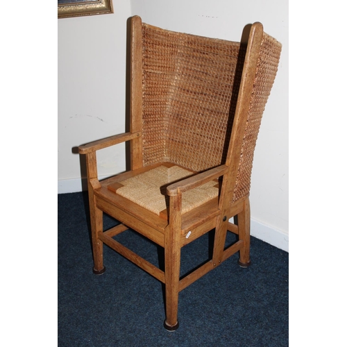 372 - Antique oak Orkney chair raised on square tapering supports.