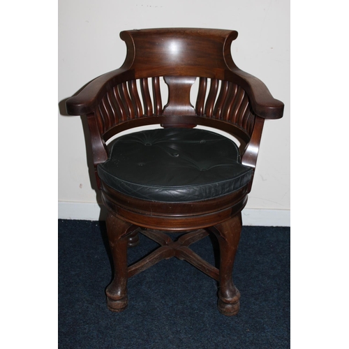 376 - Victorian mahogany spindle back swivel desk armchair with green leather seat pad raised on cabriole ... 