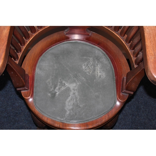 376 - Victorian mahogany spindle back swivel desk armchair with green leather seat pad raised on cabriole ... 