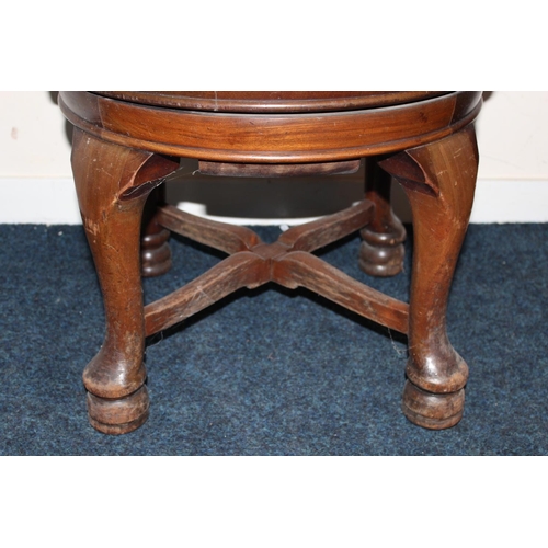 376 - Victorian mahogany spindle back swivel desk armchair with green leather seat pad raised on cabriole ... 