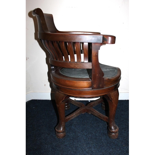 376 - Victorian mahogany spindle back swivel desk armchair with green leather seat pad raised on cabriole ... 
